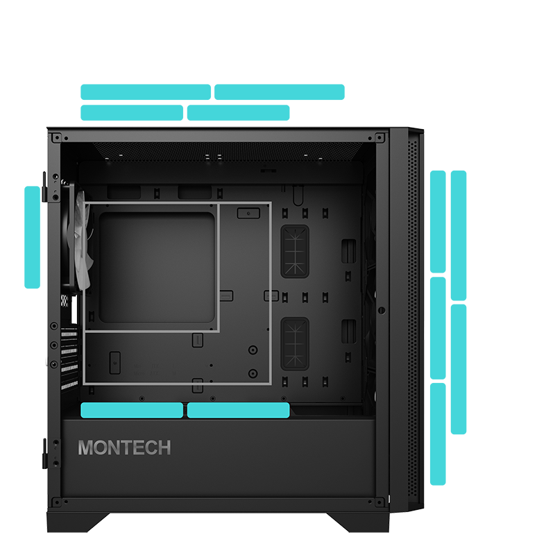 All of the possible mounting locations for fans and radiators along with supported motherboard sizes.