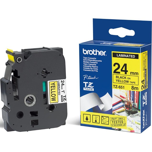 Brother TZe-651 (24mm x 8m) Black On Yellow Laminated Labelling Tape