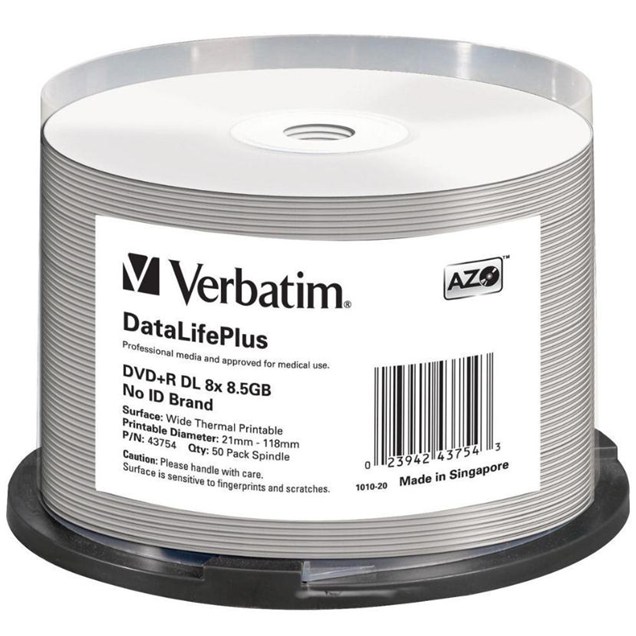 Verbatim 8.5GB DVD+R DataLifePlus Discs, 8x, Thermal Printable, 50 Pack Spindle