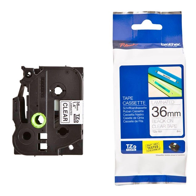 Brother P-touch TZe-161 (36mm x 8m) Black On Clear Gloss Laminated Labelling Tape