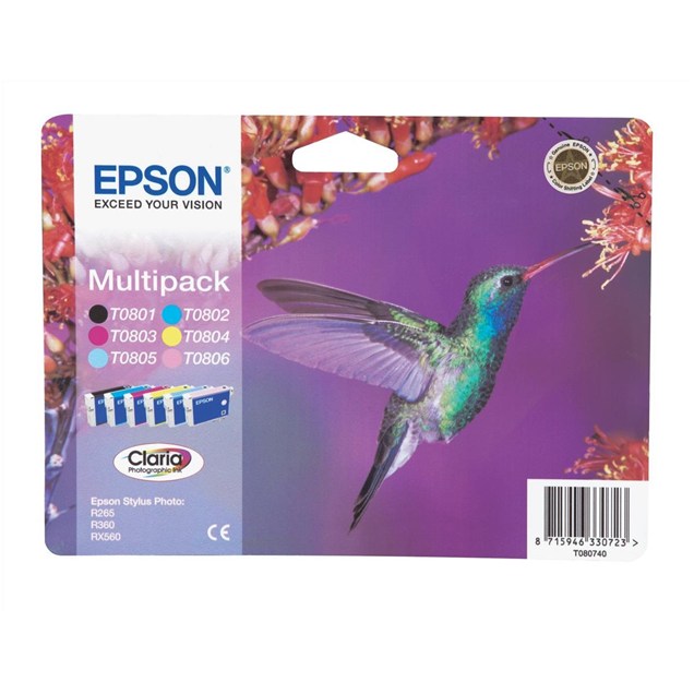 Epson Hummingbird T0807 (Yield: 300 Black/900 Cyan/440 Magenta/460 Yellow/345 Light Cyan/590 Light Magenta Pages) Black/Cyan/Magenta/Yellow/Light Cyan/Light Magenta Ink Cartridge Pack of 6