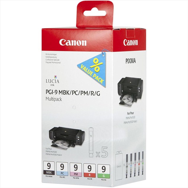 Canon PGI-9 (Yield: 845 Black/393 Cyan/215 Magenta/765 Red/635 Green Pages) Matte Black/Photo Cyan/Photo Magenta/Red/Green Ink Cartridge Pack of 5