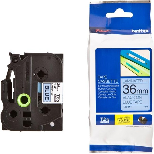 Brother P-touch TZe-561 (36mm x 8m) Black On Blue Gloss Laminated Labelling Tape