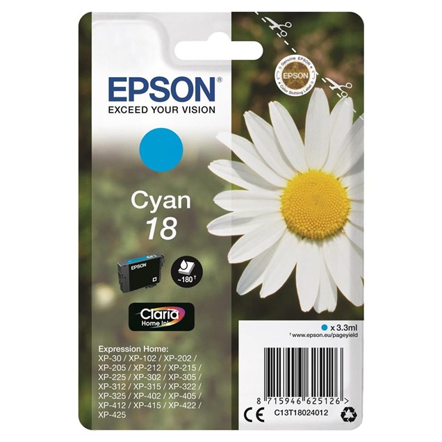 Epson Daisy 18 Series T1802 Cyan Ink Cartridge (Yield 180 Pages) RS Blister