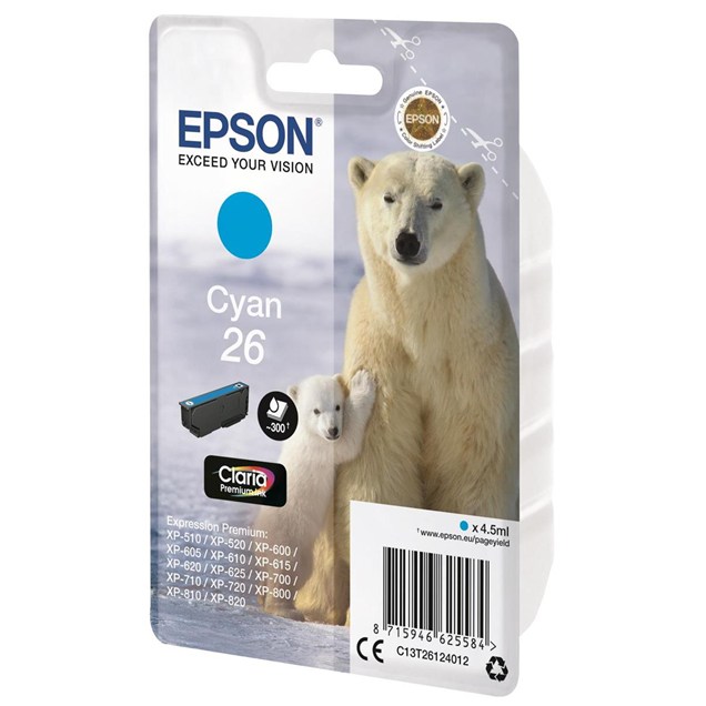 Epson Polar Bear 26 Cyan Claria Premium Ink Cartridge (Non Tagged)