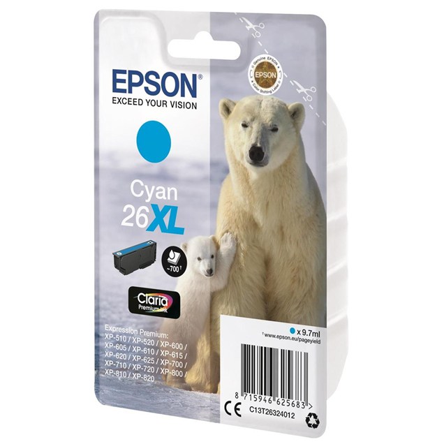 Epson Polar Bear 26XL (Yield 700 Pages) Claria Premium Ink Cartridge (Cyan)