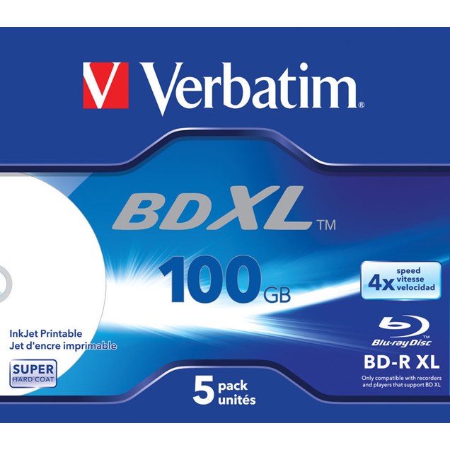 Verbatim 100GB BD-R XL Discs, 4x, Wide Inkjet Printable, 5 Pack, Jewel Case