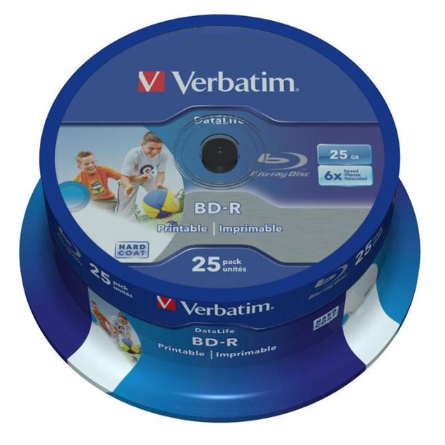 Verbatim 25GB BD-R SL Datalife Discs, 6x, Wide Inkjet Printable, 25 Pack Spindle