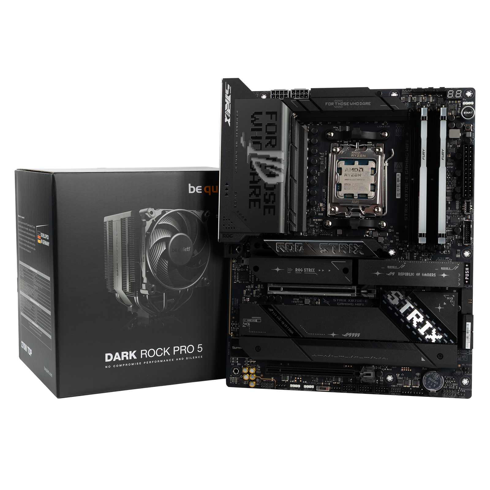 ASUS ROG Enthusiast Motherboard Bundle with AMD Ryzen 7 9800X3D, ROG STRIX X870E-E Gaming WiFi motherboard, and be quiet! Dark Rock Pro 5 cooler.