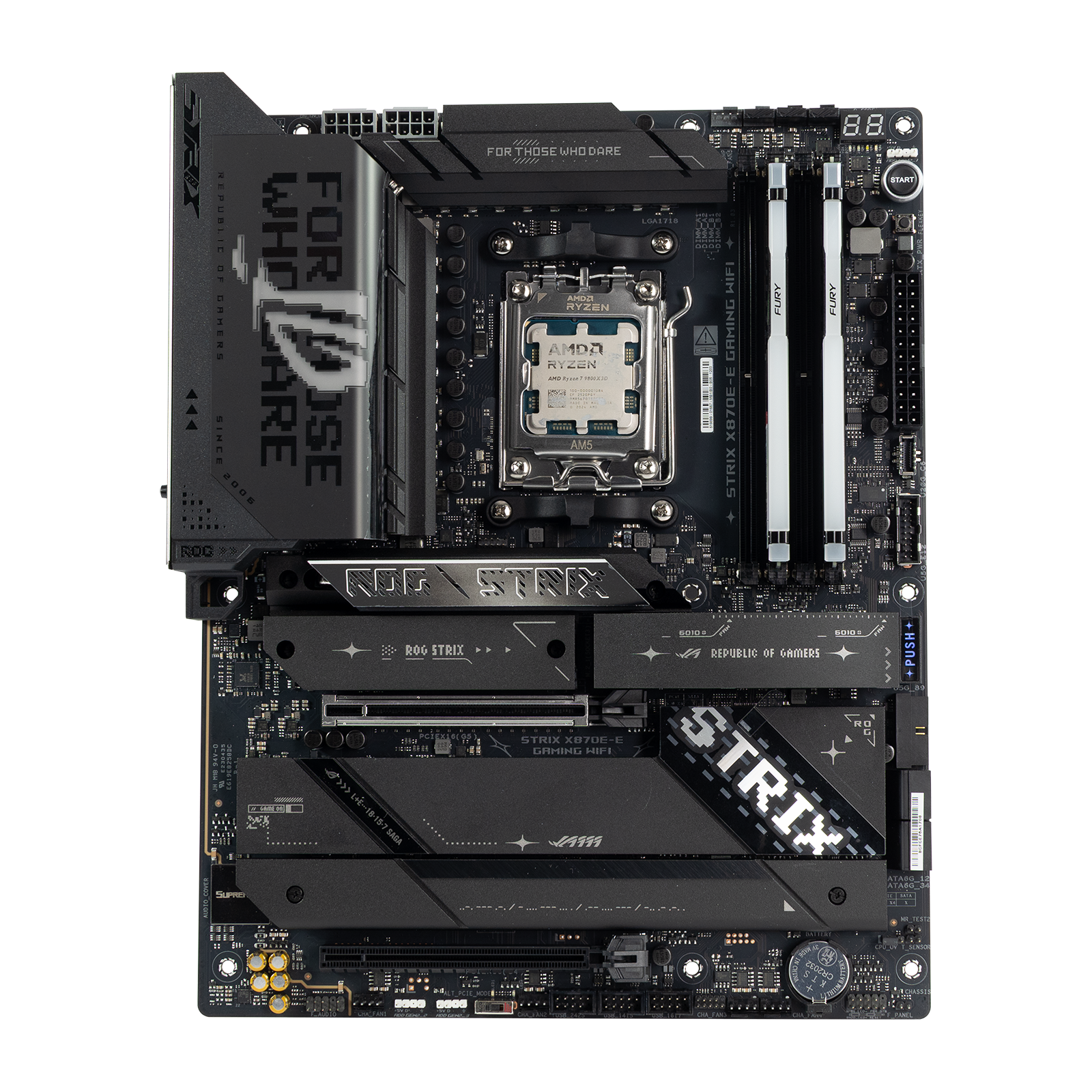 Top-down view of ASUS ROG STRIX X870E-E Gaming WiFi motherboard featuring AMD Ryzen 7 processor and dual Kingston FURY DDR5 memory.