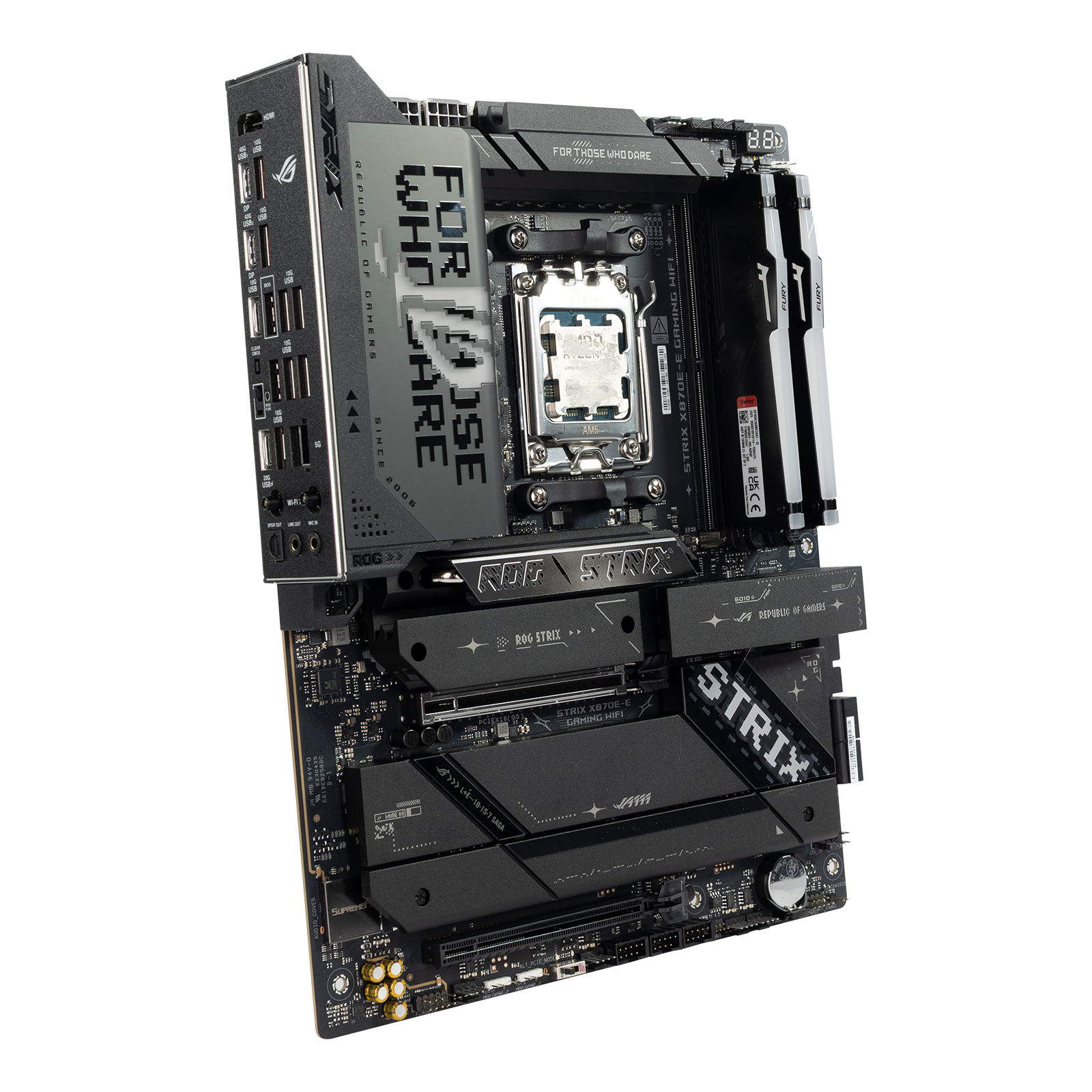 ASUS ROG STRIX X870E-E Gaming WiFi motherboard showcasing AMD Ryzen processor socket, dual DDR5 memory slots, and rear I/O ports.