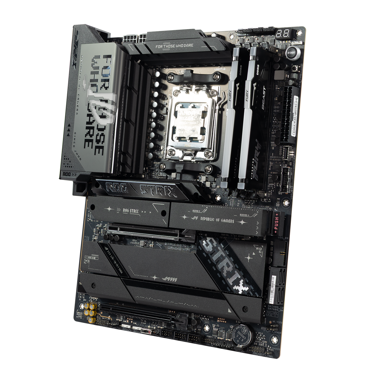 ASUS ROG STRIX X870E-E Gaming WiFi motherboard with AMD Ryzen processor and Kingston FURY Beast DDR5 RGB memory installed.