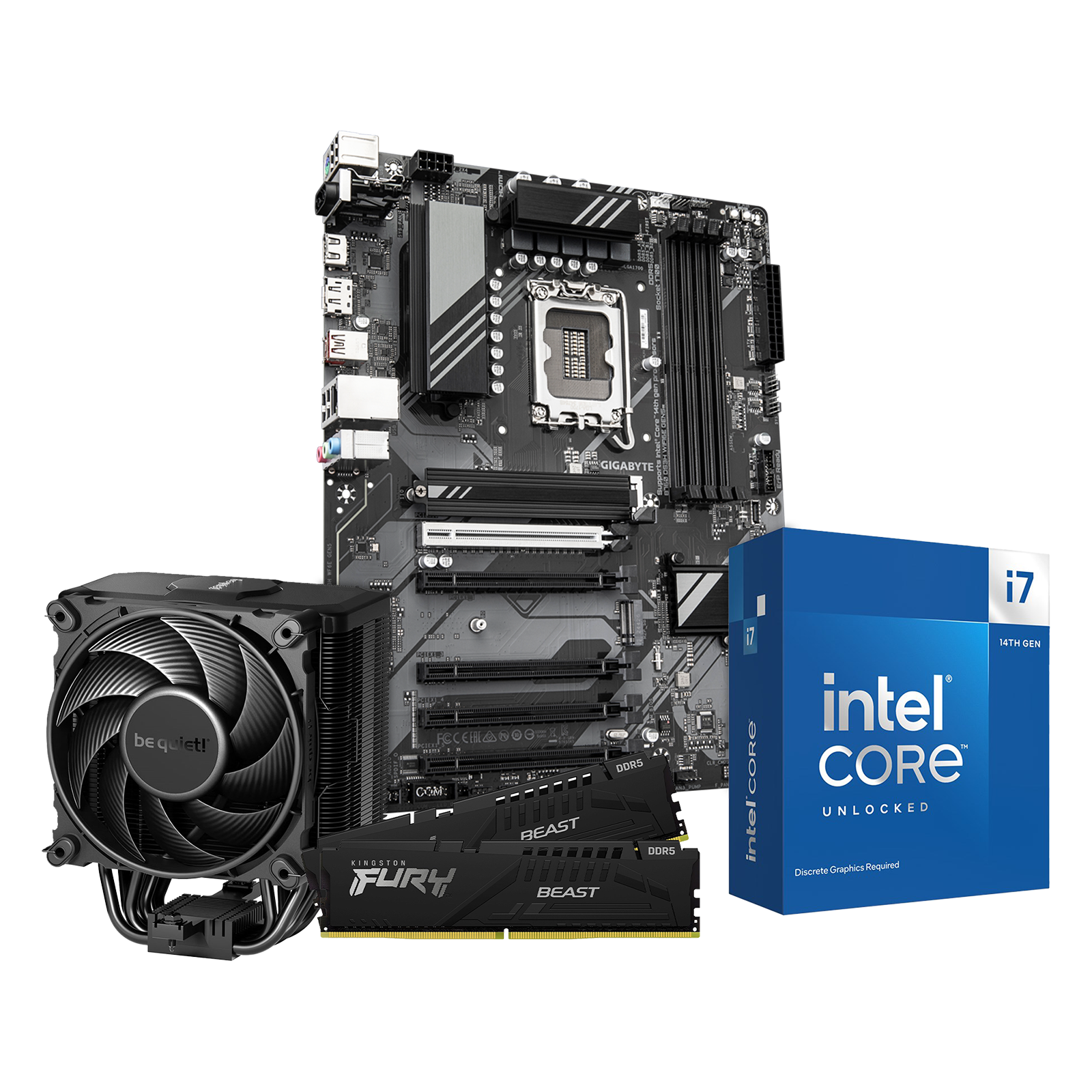CCL Intel Gaming Motherboard Bundle featuring Intel Core i7-14700KF processor, Gigabyte B760 DS3H WiFi motherboard, Kingston FURY Beast DDR5 memory, and Be Quiet! Dark Rock 5 CPU cooler.