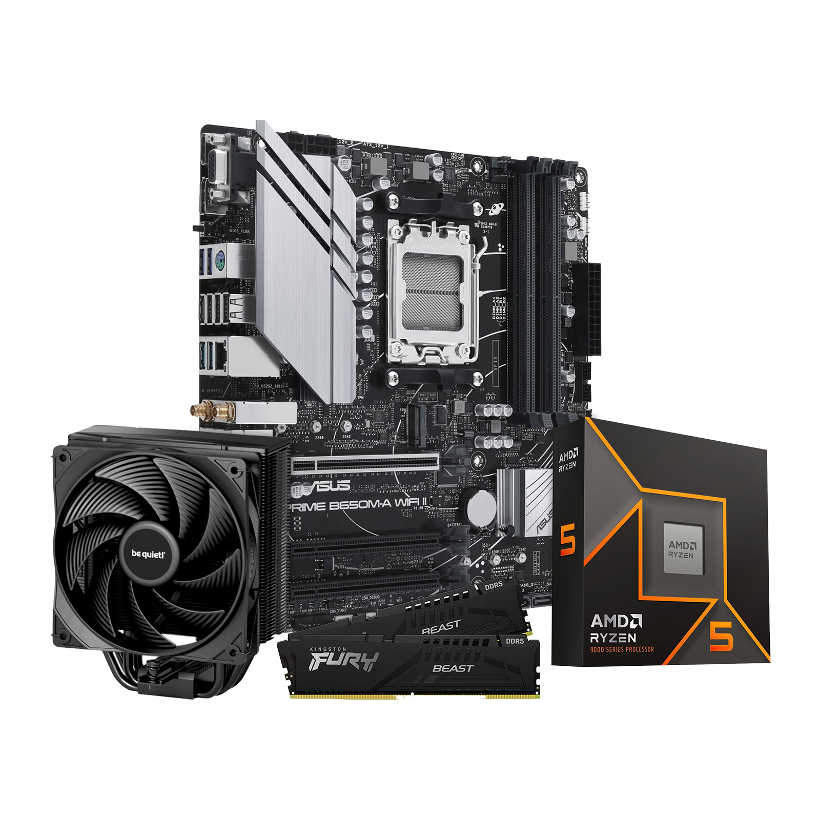 CCL 1440p Gamer Motherboard Bundle featuring AMD Ryzen 5 9600X CPU, ASUS PRIME B650M-A WiFi II motherboard, Kingston FURY Beast DDR5 RAM, and be quiet! Pure Rock 3 cooler.