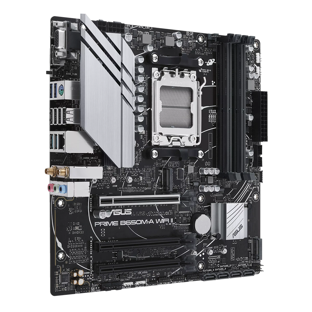 ASUS PRIME B650M-A WiFi II Micro ATX motherboard for AMD Ryzen processors with DDR5 support and integrated Wi-Fi connectivity.
