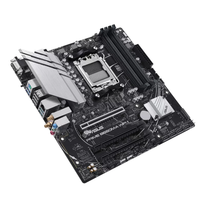 Angled view of the ASUS PRIME B650M-A WiFi II Micro ATX motherboard showcasing DDR5 slots and heatsinks.