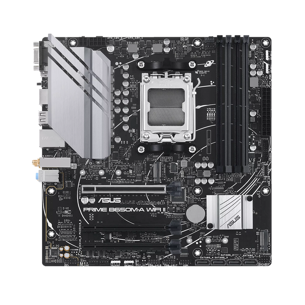 Top-down view of the ASUS PRIME B650M-A WiFi II Micro ATX motherboard featuring AMD AM5 socket and DDR5 memory slots.