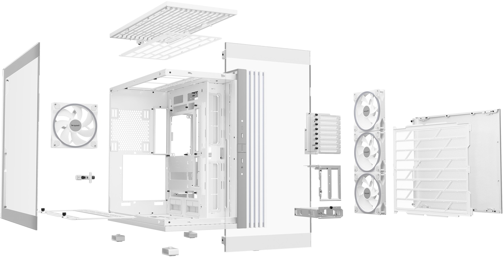 Be quiet! Light base 900 dx bgw70 belo ohišje odprt pogled na notranjost in modularne nosilce