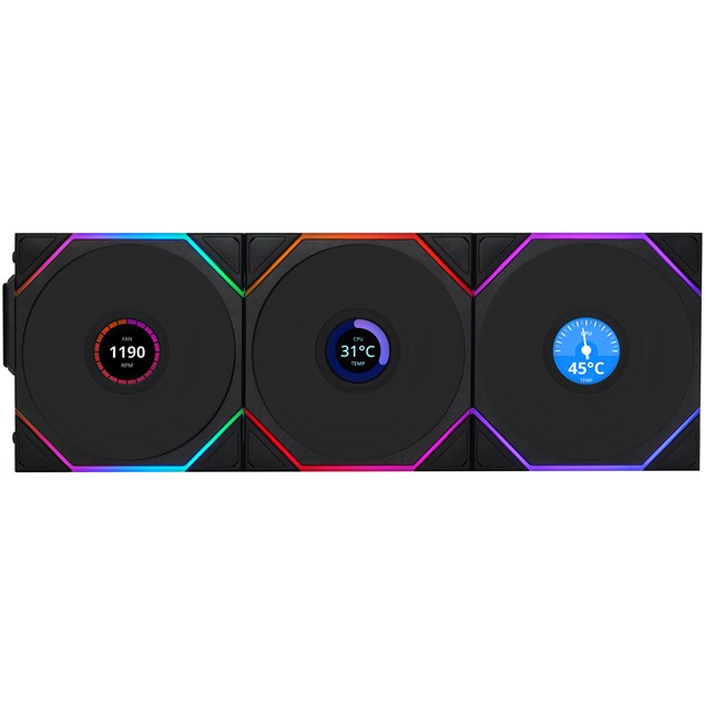 Lian Li UNI FAN TL LCD Wireless Reverse 120mm Triple Pack Fans in Black with controller