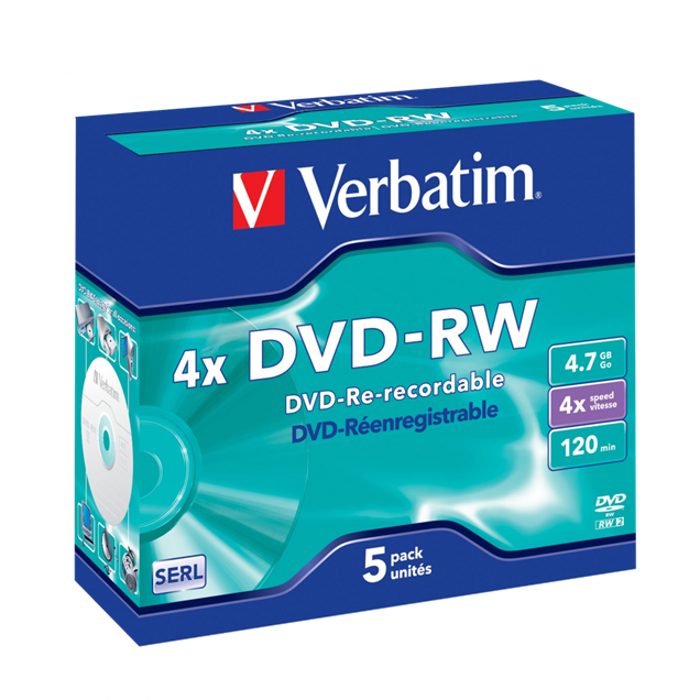 Verbatim 4.7GB DVD-RW Discs, 4x, 5 Pack Jewel Case