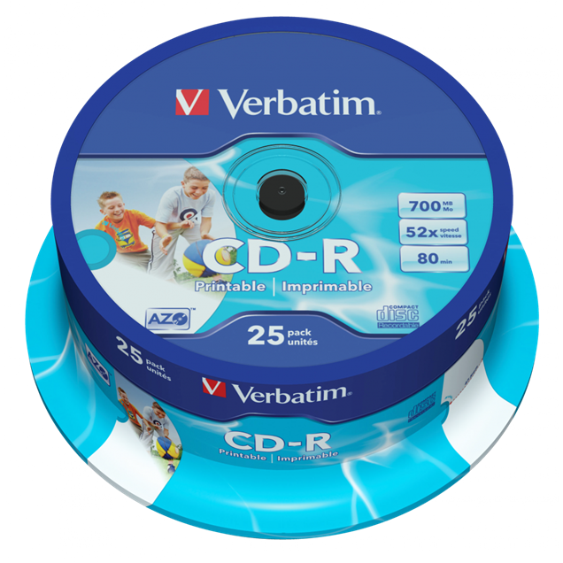 Verbatim 700MB CD-R Discs, 52x, Wide Inkjet Printable, 25 Pack Spindle