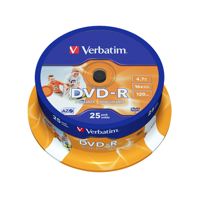 Verbatim 4.7GB DVD-R Discs, 16x, Wide Inkjet Printable, 25 Pack Spindle