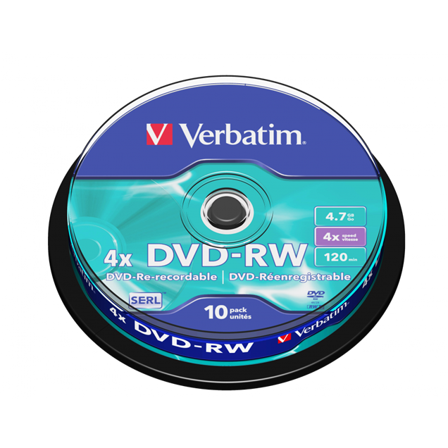 Verbatim 4.7GB DVD-RW Discs, 4x, 10 Pack Spindle