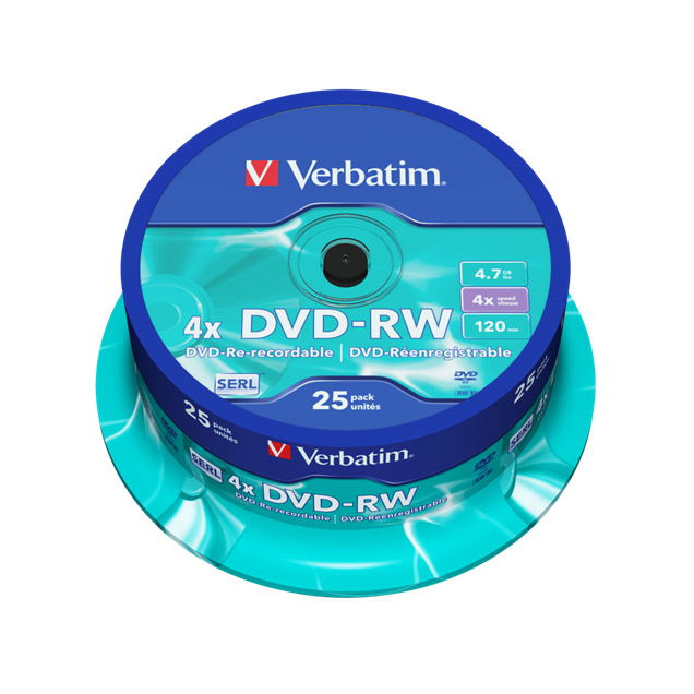 Verbatim 4.7GB DVD-RW Discs, 4x, 25 Pack Spindle
