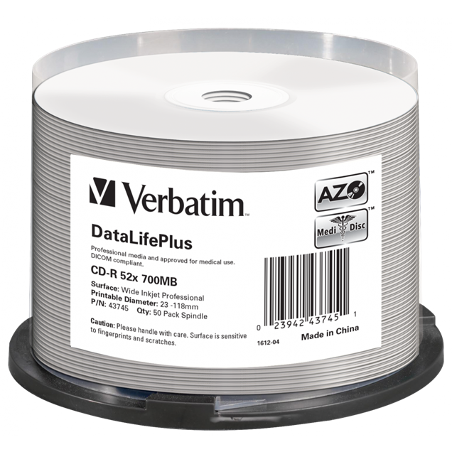 Verbatim 700MB CD-R DataLifePlus Discs, 52x , Wide Inkjet Printable, 50 Pack Spindle