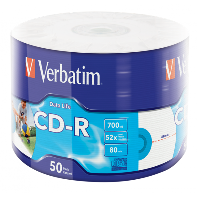 Verbatim 700MB CD-R Discs, 52x, Inkjet Printable, 50 Pack Wrap Spindle