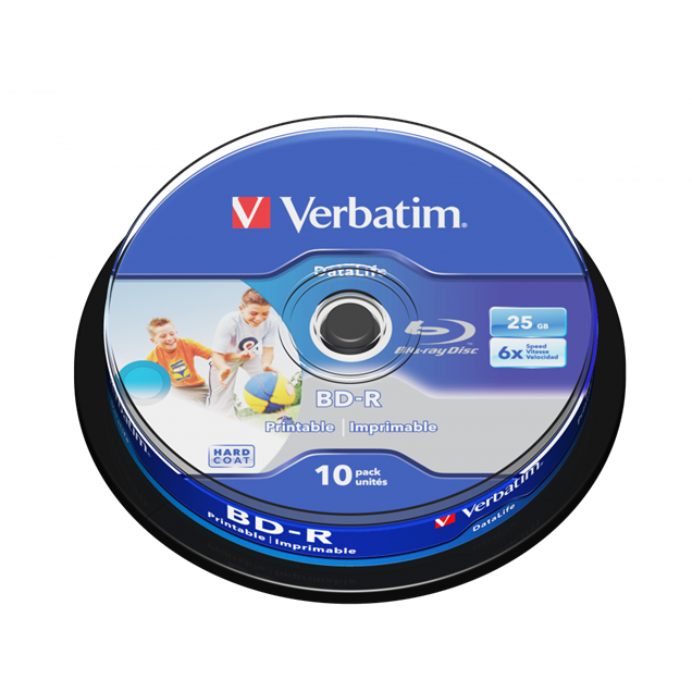 Verbatim 25GB BD-R SL Datalife Discs, 6x, Wide Inkjet Printable, 10 Pack Spindle