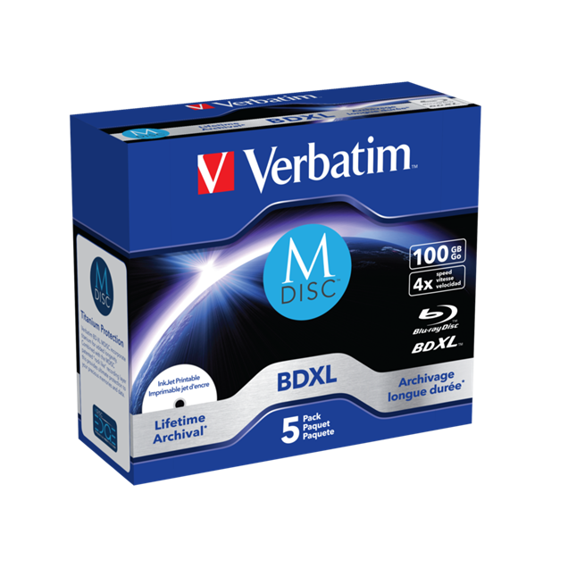 Verbatim MDISC 100GB BDXL Lifetime Archival Discs, 4x, Inkjet Printable, 5 Pack, Jewel Case