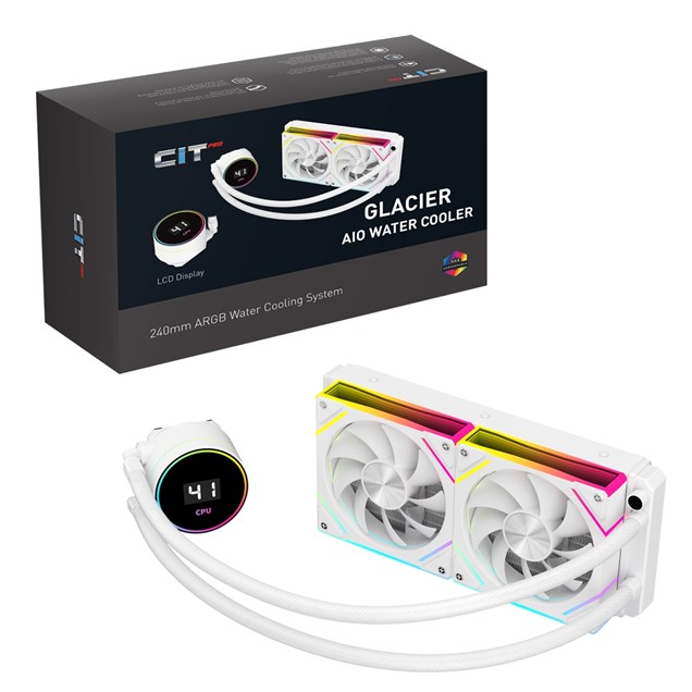 CiT Pro Glacier 240mm All-in-One Liquid CPU Cooler in White with Temperature Display