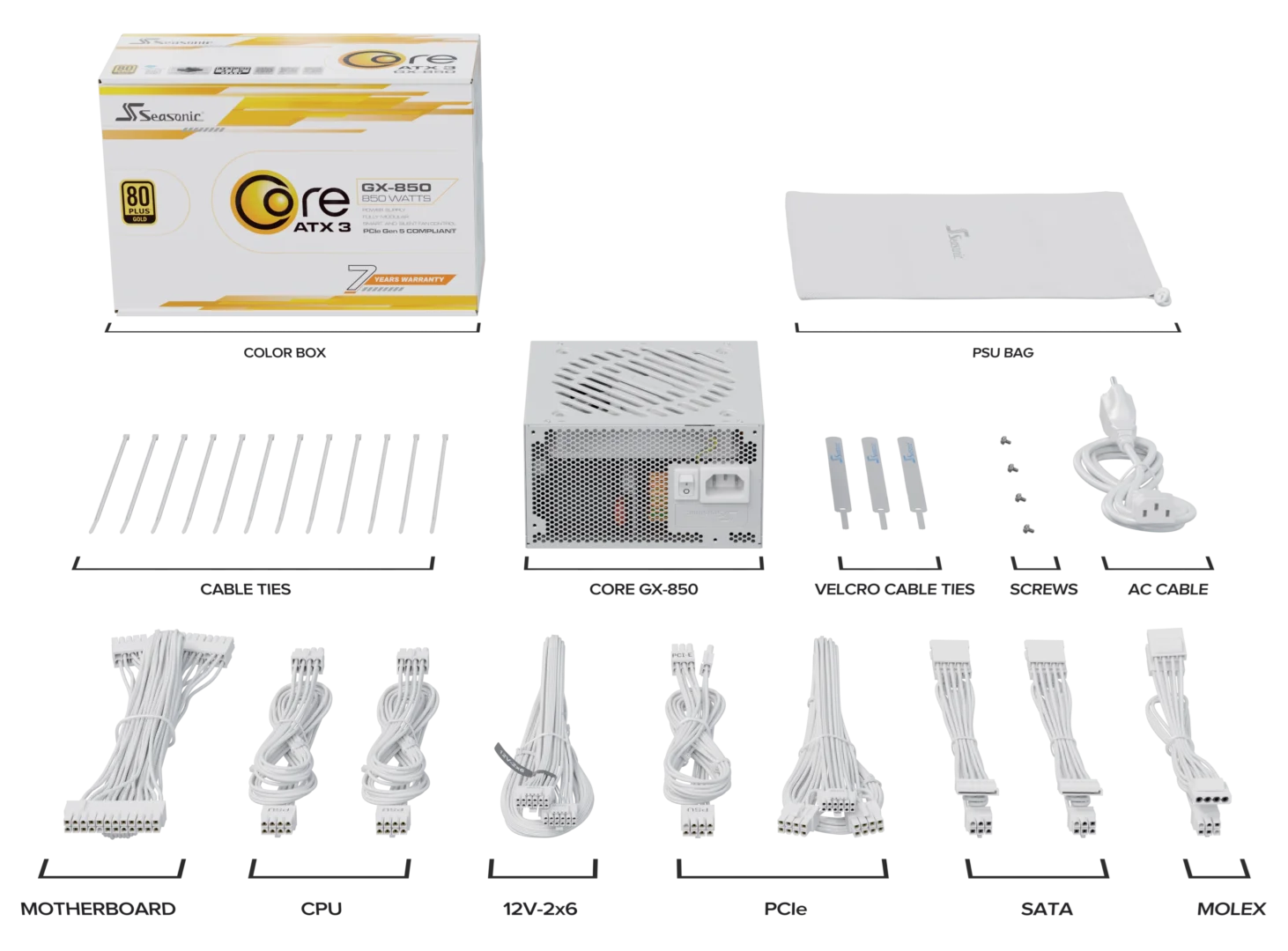 Seasonic CORE GX-850 ATX 3.1 and PCIe 5.1 V2 White 80 PLUS Gold Fully Modular ATX Power Supply - SRP-CGX851-A5A32SF White