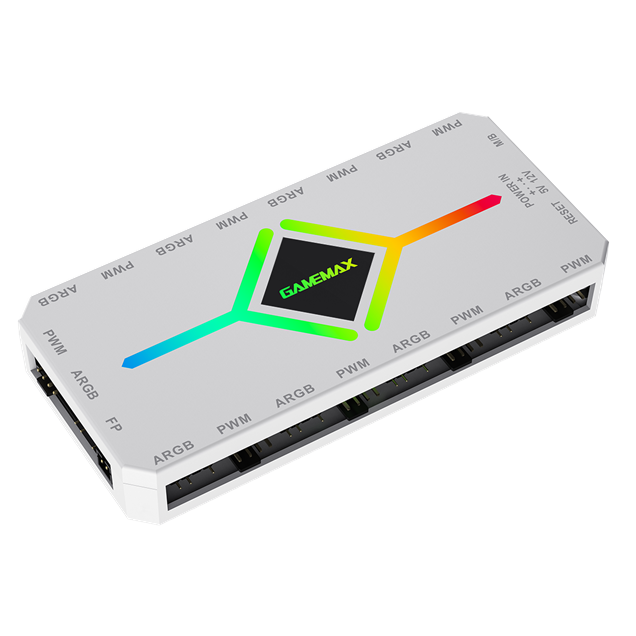 GameMax V4 ARGB PWM 9-Port White Fan Hub with SATA Power and RF Remote