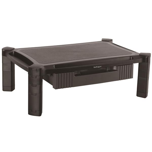 Suporte preto para monitor com gaveta frontal e pés de altura regulável