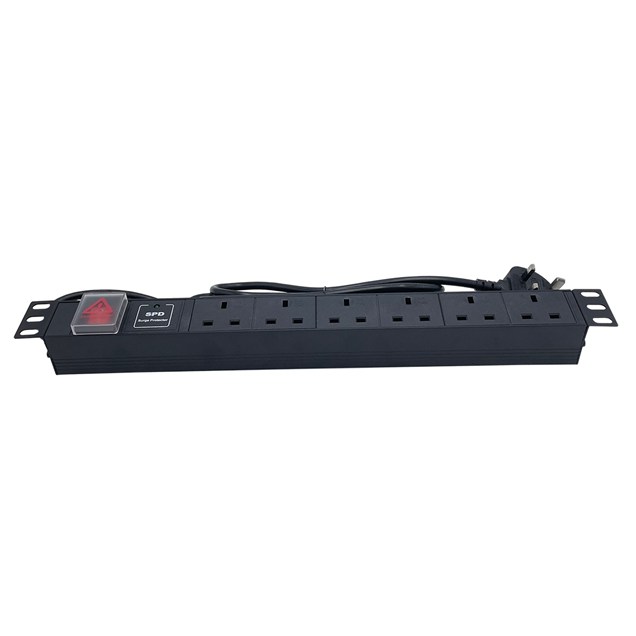 Powercool 1U 6-Way PDU, Horizontal Type, UK Sockets, Surge Protected, 1x LED